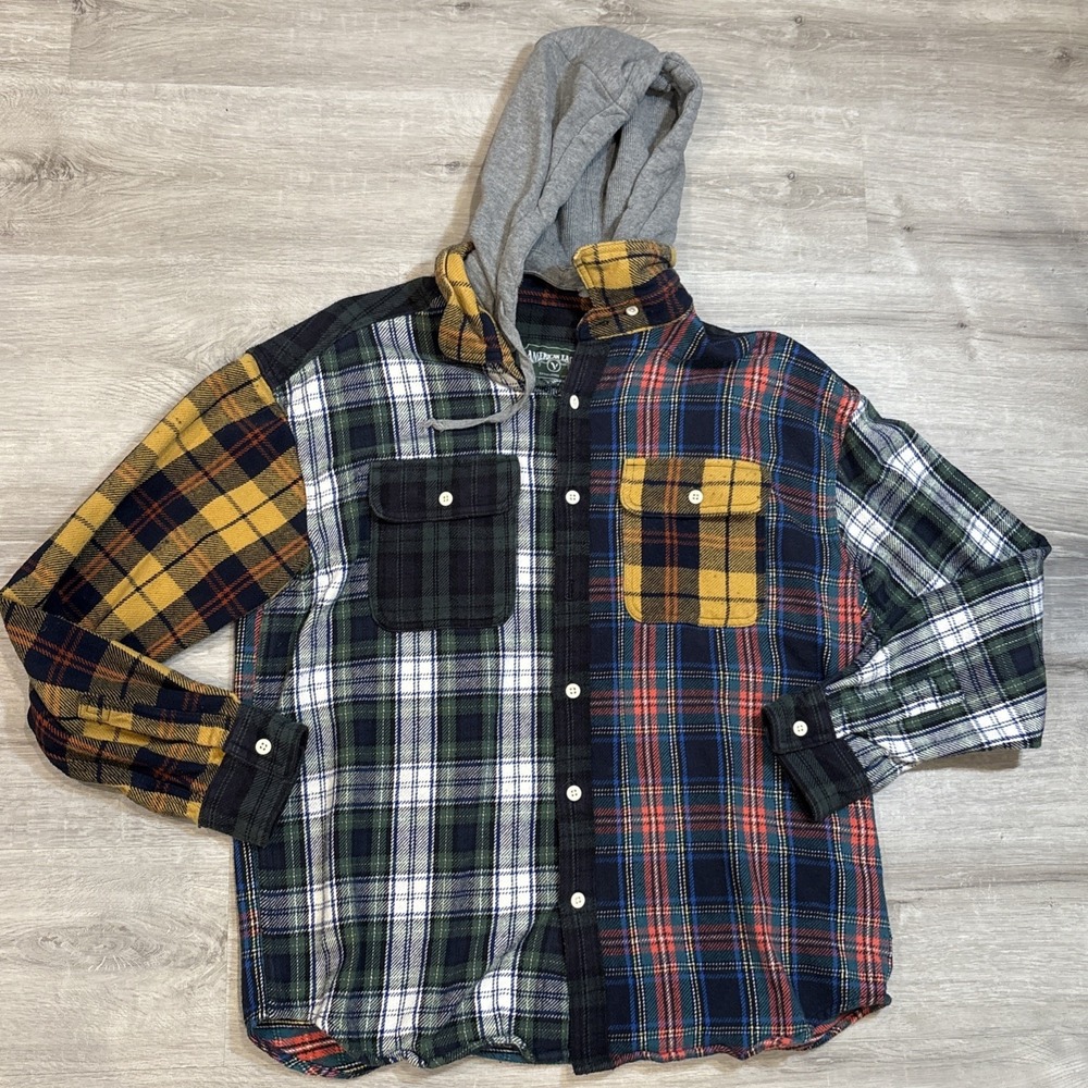 Mens American Eagle AEO Multi-color plaid Casual‎ Shirt removable hood Large L